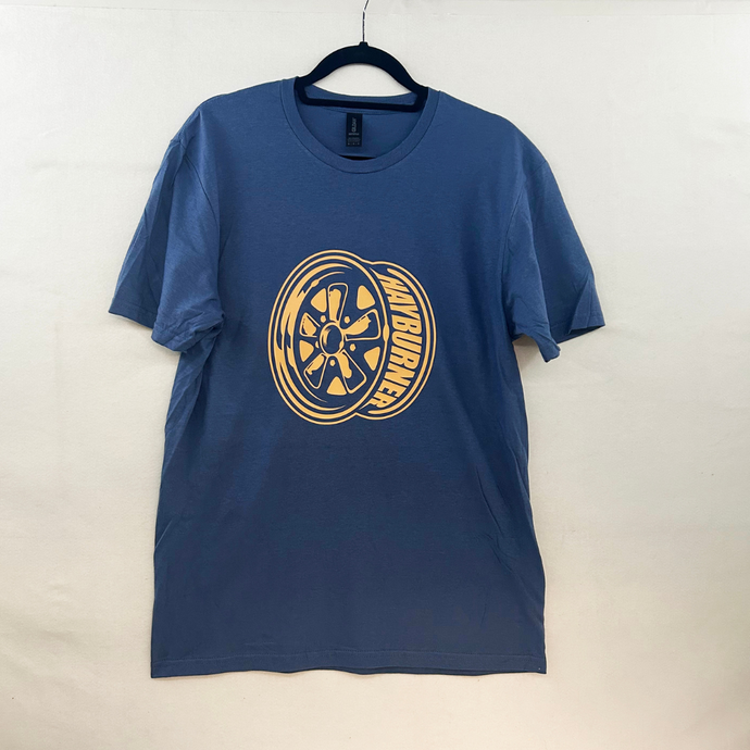 Indigo Blue Tee - Peach Fuchs Wheel Logo XL