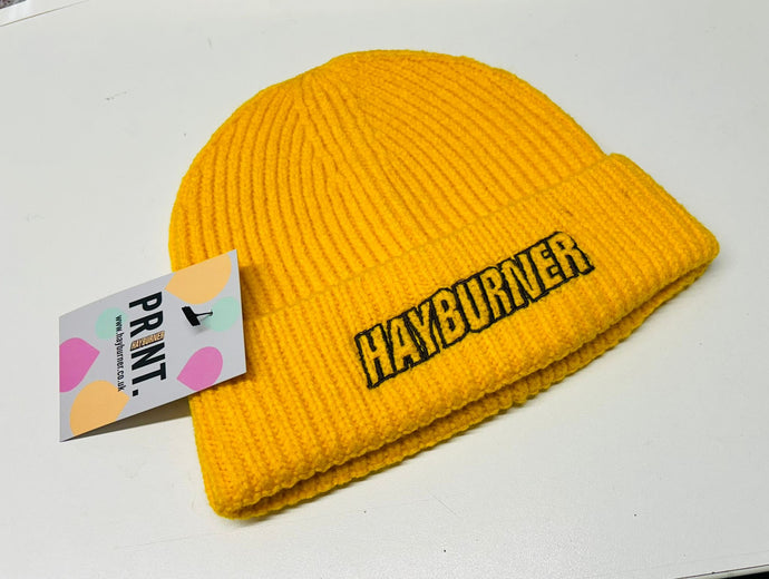Yellow ribbed beanie hat embroidered logo